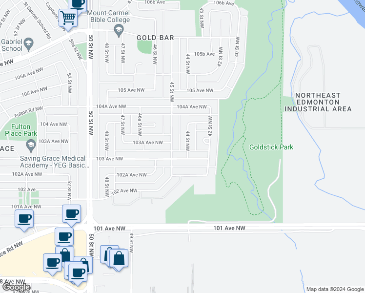 map of restaurants, bars, coffee shops, grocery stores, and more near 10312 44 Street Northwest in Edmonton