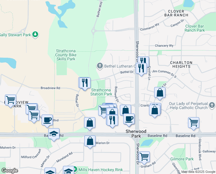 map of restaurants, bars, coffee shops, grocery stores, and more near 128 Bothwell Place in Sherwood Park