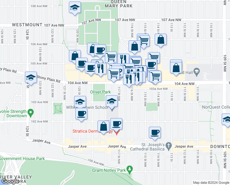 map of restaurants, bars, coffee shops, grocery stores, and more near 10325 117 Street Northwest in Edmonton