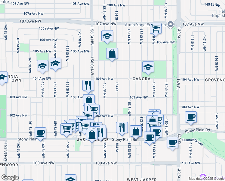 map of restaurants, bars, coffee shops, grocery stores, and more near 10316 154 Street in Edmonton