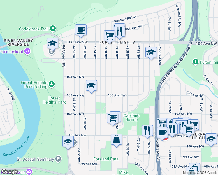 map of restaurants, bars, coffee shops, grocery stores, and more near 10319 80 Street Northwest in Edmonton