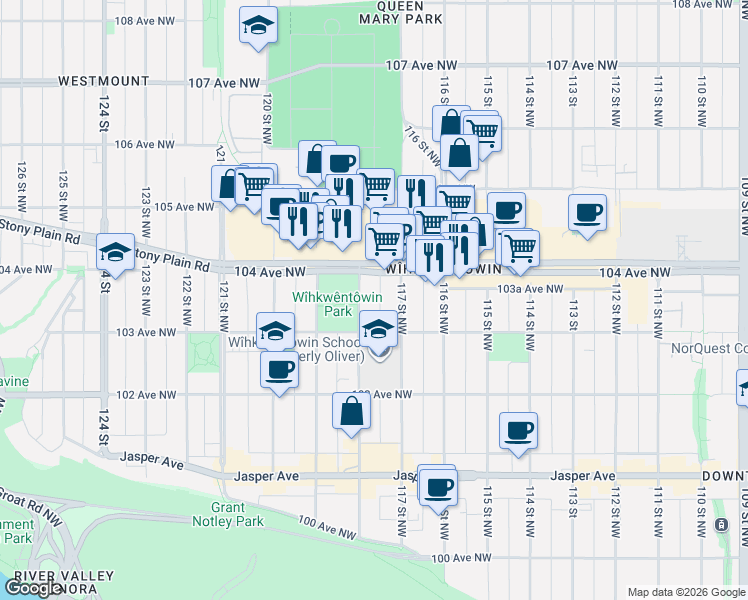 map of restaurants, bars, coffee shops, grocery stores, and more near 10335 118 Street Northwest in Edmonton