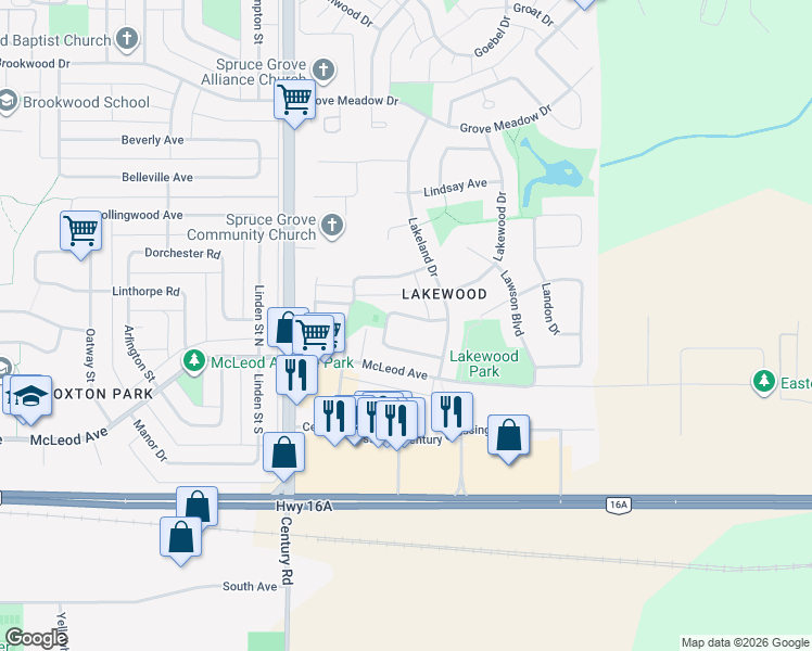 map of restaurants, bars, coffee shops, grocery stores, and more near 41 Langley Crescent in Spruce Grove