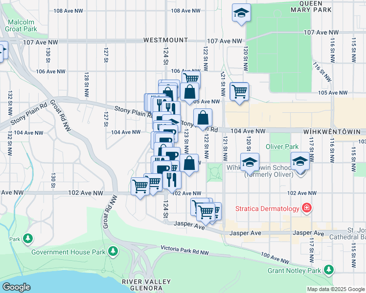 map of restaurants, bars, coffee shops, grocery stores, and more near 10330 123 Street Northwest in Edmonton