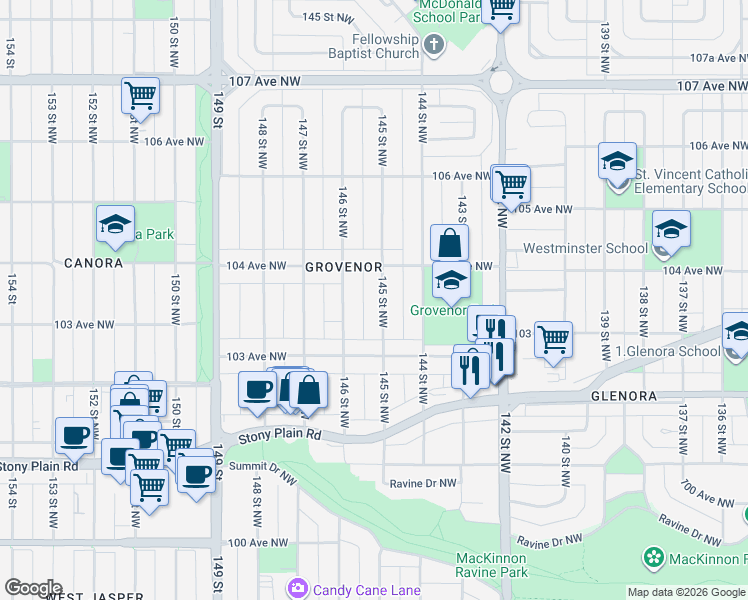 map of restaurants, bars, coffee shops, grocery stores, and more near 10346 145 Street Northwest in Edmonton