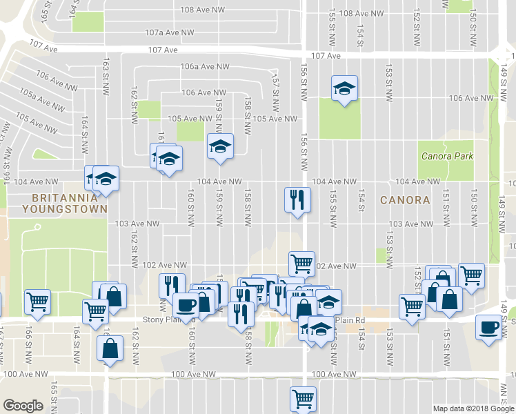 map of restaurants, bars, coffee shops, grocery stores, and more near 10315 158 Street Northwest in Edmonton
