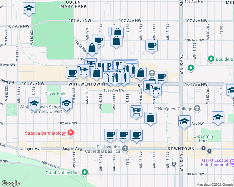 map of restaurants, bars, coffee shops, grocery stores, and more near 10335 114 Street Northwest in Edmonton