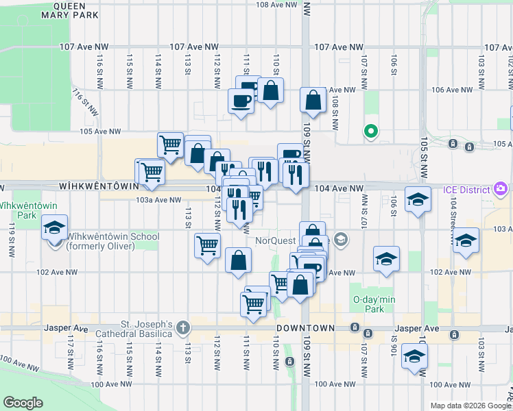 map of restaurants, bars, coffee shops, grocery stores, and more near 205-10319 111 Street Northwest in Edmonton
