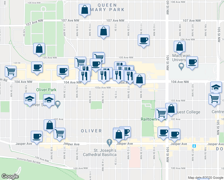 map of restaurants, bars, coffee shops, grocery stores, and more near 10335 114 Street Northwest in Edmonton