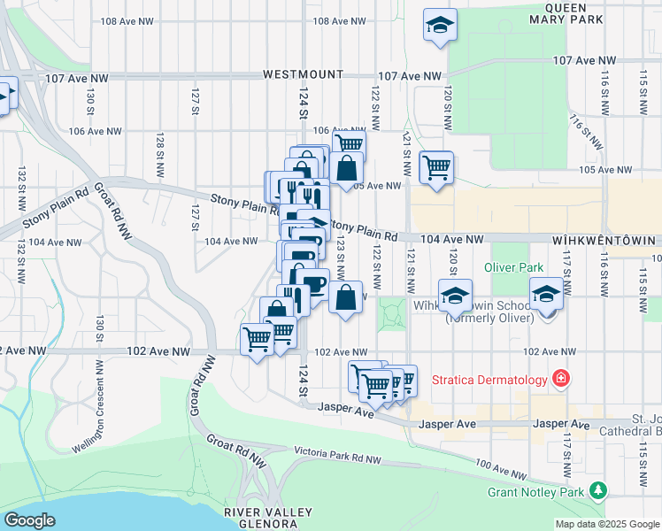 map of restaurants, bars, coffee shops, grocery stores, and more near 10329 124 Street in Edmonton