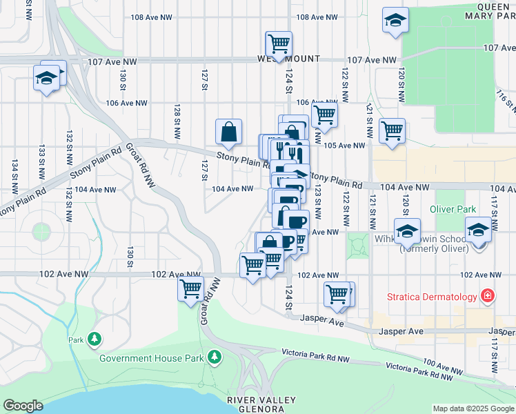 map of restaurants, bars, coffee shops, grocery stores, and more near 10334 Wadhurst Road Northwest in Edmonton