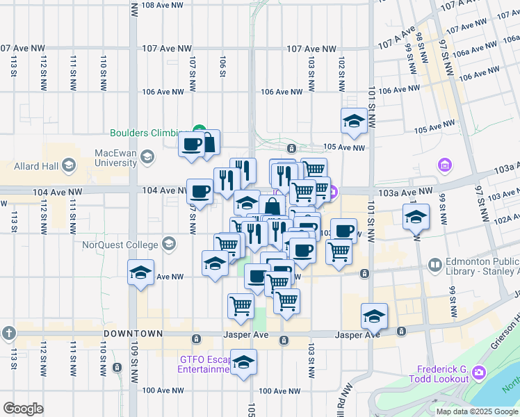 map of restaurants, bars, coffee shops, grocery stores, and more near 10345 105 Street Northwest in Edmonton