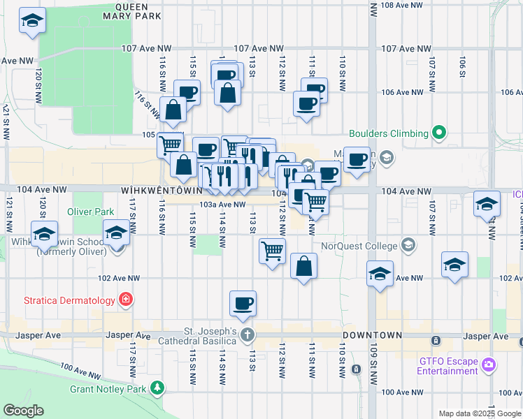map of restaurants, bars, coffee shops, grocery stores, and more near 11219 103A Avenue Northwest in Edmonton