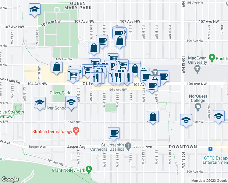 map of restaurants, bars, coffee shops, grocery stores, and more near 10336 114 Street Northwest in Edmonton