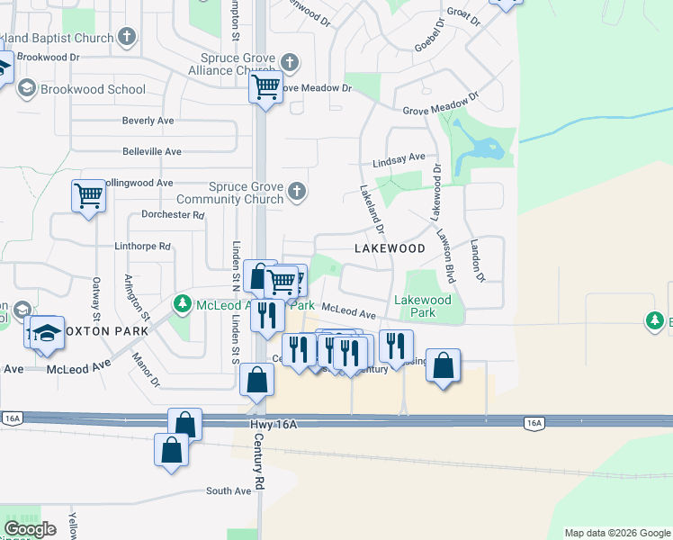 map of restaurants, bars, coffee shops, grocery stores, and more near 41 Langley Crescent in Spruce Grove