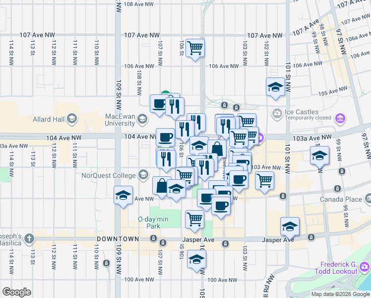 map of restaurants, bars, coffee shops, grocery stores, and more near 10342 105 Street Northwest in Edmonton