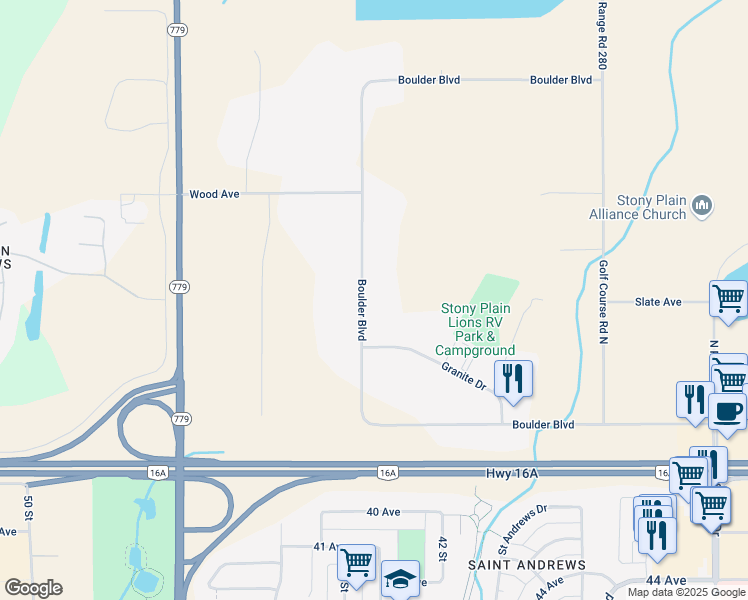 map of restaurants, bars, coffee shops, grocery stores, and more near 13 Boulder Boulevard in Stony Plain