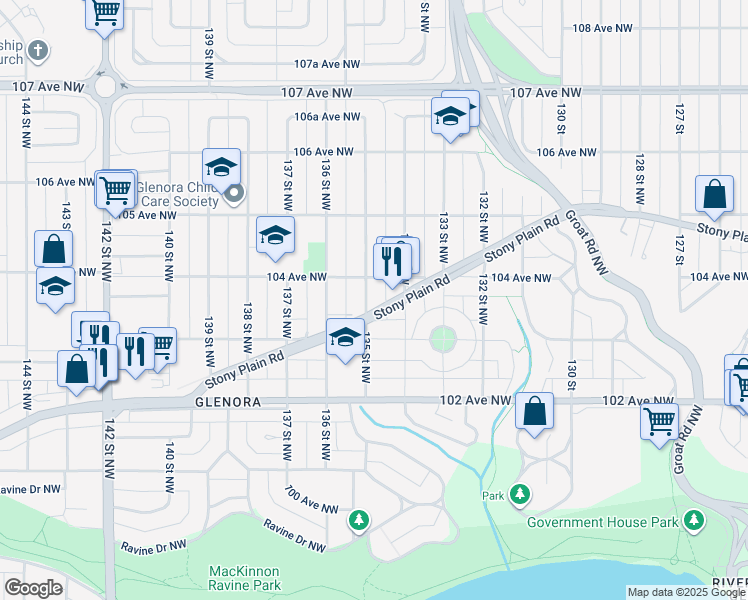 map of restaurants, bars, coffee shops, grocery stores, and more near 10331 135 Street Northwest in Edmonton