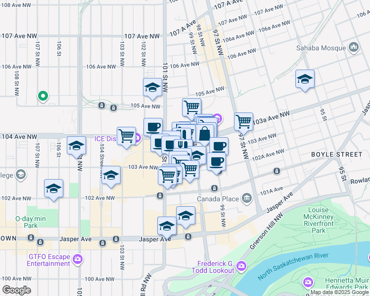 map of restaurants, bars, coffee shops, grocery stores, and more near 10020 103 Avenue Northwest in Edmonton