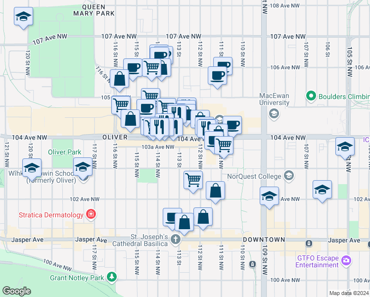 map of restaurants, bars, coffee shops, grocery stores, and more near 11219 103A Avenue Northwest in Edmonton