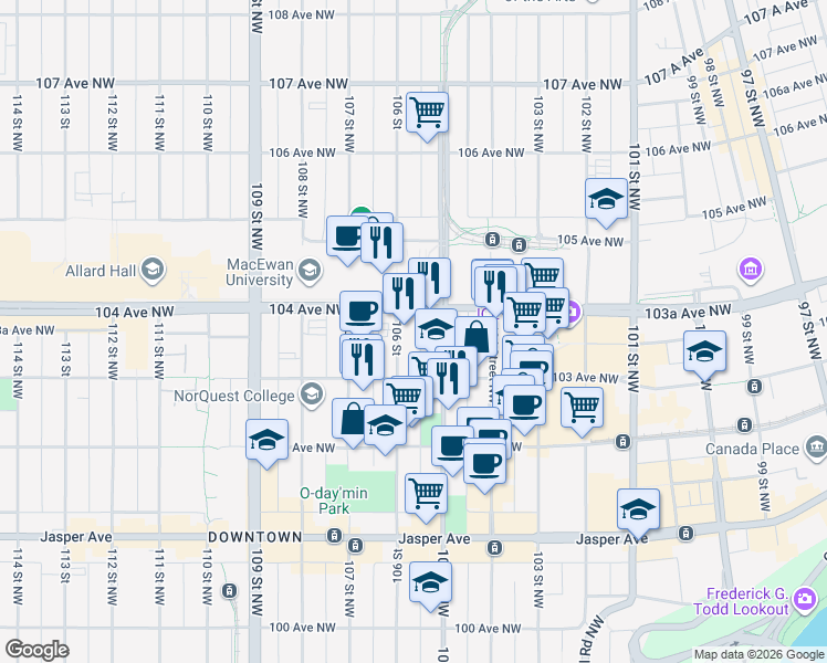 map of restaurants, bars, coffee shops, grocery stores, and more near in Edmonton