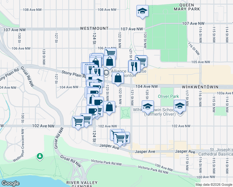 map of restaurants, bars, coffee shops, grocery stores, and more near 10340 122 Street Northwest in Edmonton
