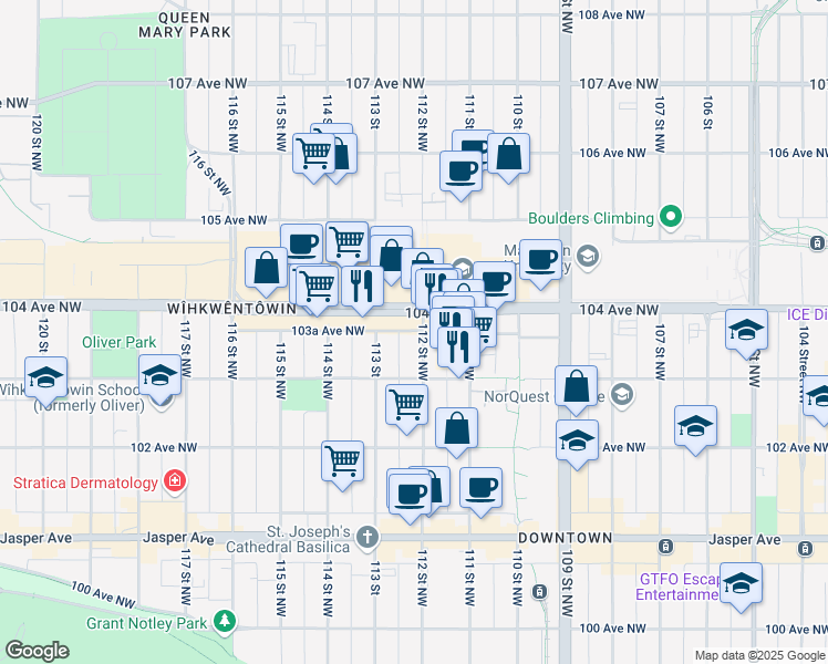 map of restaurants, bars, coffee shops, grocery stores, and more near 10338 112 Street Northwest in Edmonton