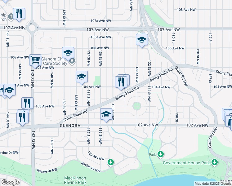 map of restaurants, bars, coffee shops, grocery stores, and more near 10331 135 Street Northwest in Edmonton