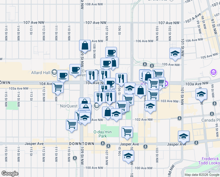map of restaurants, bars, coffee shops, grocery stores, and more near 10328 107 Street Northwest in Edmonton
