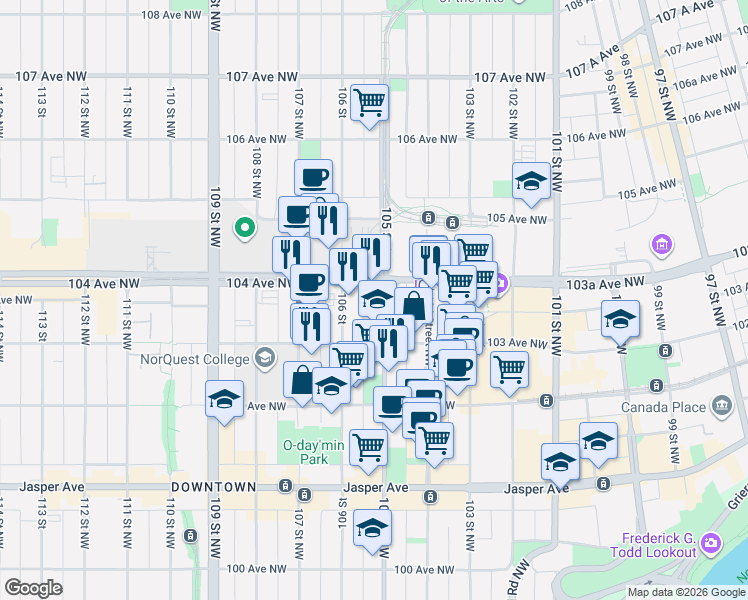 map of restaurants, bars, coffee shops, grocery stores, and more near 10342 105 Street Northwest in Edmonton
