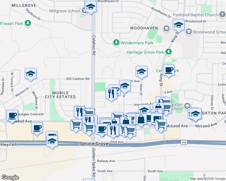 map of restaurants, bars, coffee shops, grocery stores, and more near 511 Queen Street in Spruce Grove