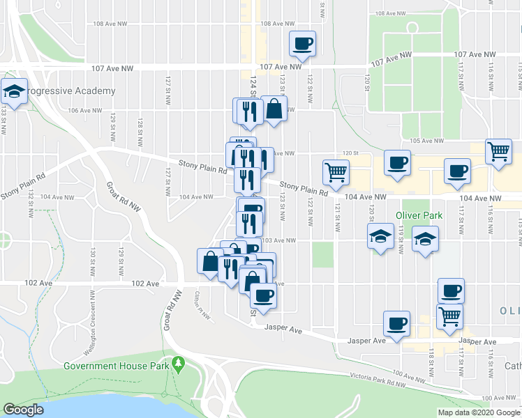 map of restaurants, bars, coffee shops, grocery stores, and more near 10329 124 Street in Edmonton