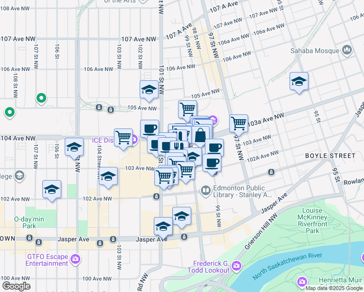 map of restaurants, bars, coffee shops, grocery stores, and more near 10024 103 Avenue Northwest in Edmonton