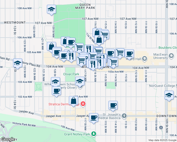 map of restaurants, bars, coffee shops, grocery stores, and more near 10325 117 Street Northwest in Edmonton