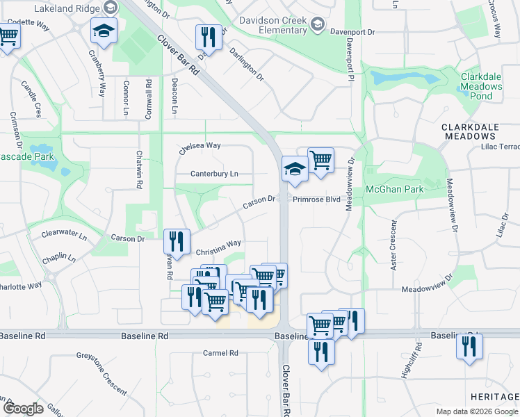 map of restaurants, bars, coffee shops, grocery stores, and more near 69 Christina Close in Sherwood Park
