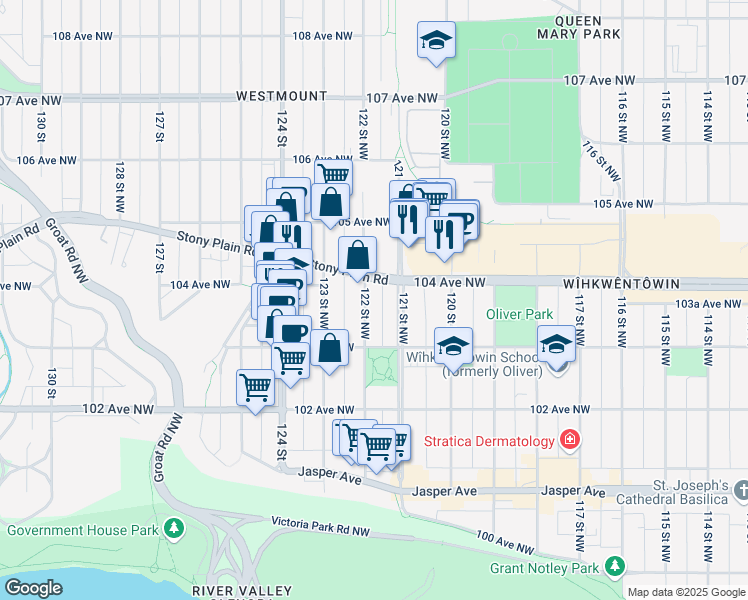 map of restaurants, bars, coffee shops, grocery stores, and more near 10337 122 Street Northwest in Edmonton