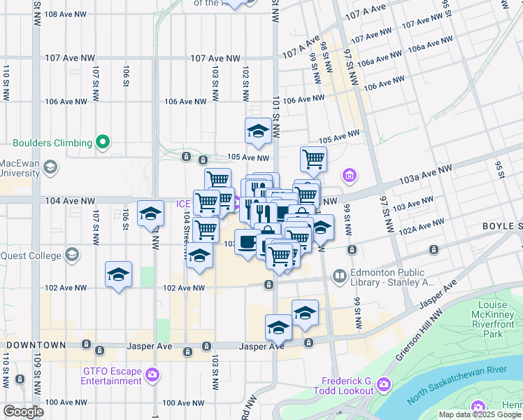 map of restaurants, bars, coffee shops, grocery stores, and more near 10103 104 Avenue Northwest in Edmonton