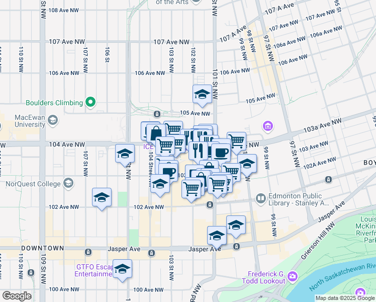 map of restaurants, bars, coffee shops, grocery stores, and more near 10220 103 Avenue Northwest in Edmonton