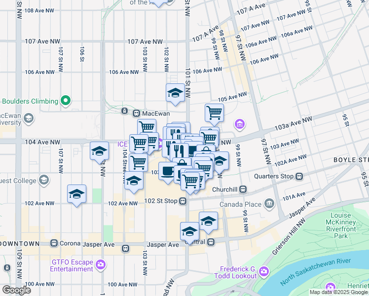 map of restaurants, bars, coffee shops, grocery stores, and more near 10103 104 Avenue Northwest in Edmonton