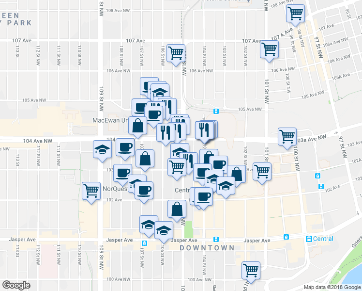 map of restaurants, bars, coffee shops, grocery stores, and more near 10342 105 Street Northwest in Edmonton