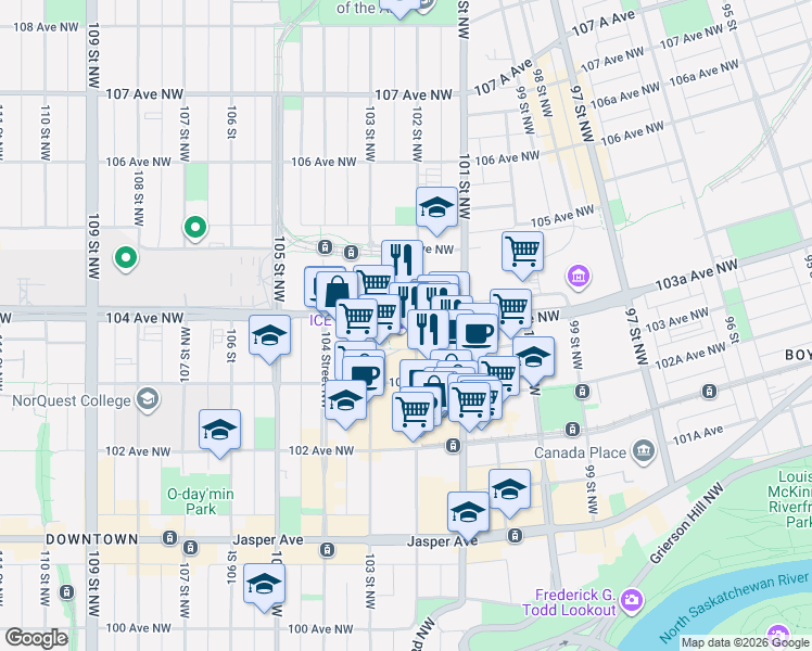 map of restaurants, bars, coffee shops, grocery stores, and more near 10344 102 Street Northwest in Edmonton