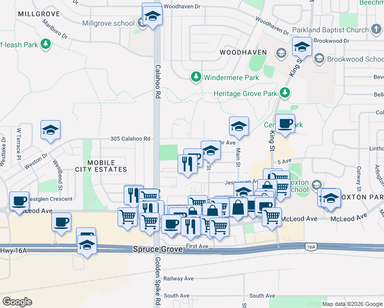 map of restaurants, bars, coffee shops, grocery stores, and more near in Spruce Grove
