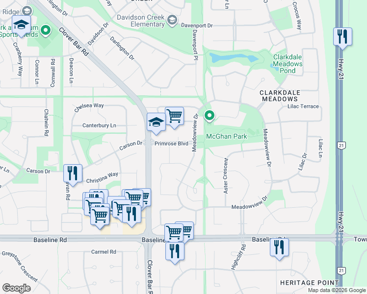 map of restaurants, bars, coffee shops, grocery stores, and more near 57 Primrose Boulevard in Sherwood Park