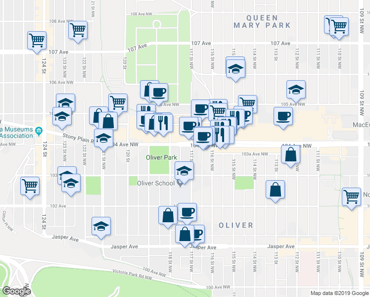 map of restaurants, bars, coffee shops, grocery stores, and more near 10325 117 Street Northwest in Edmonton