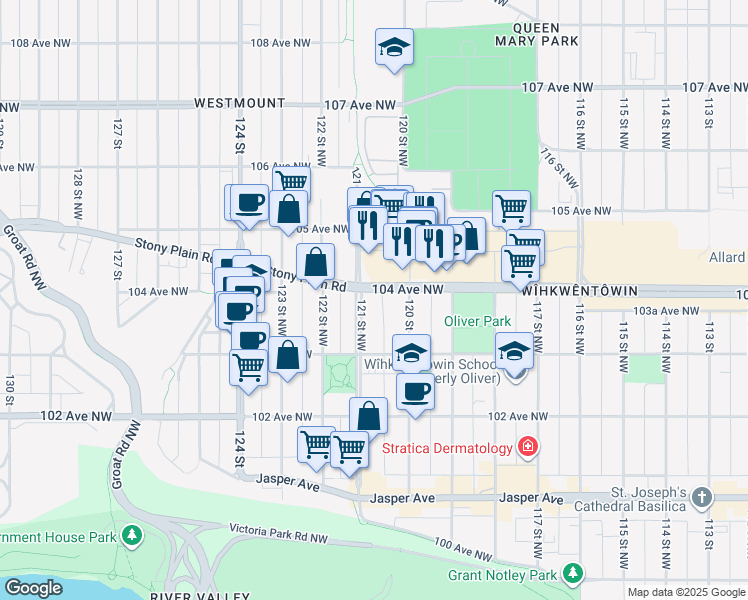 map of restaurants, bars, coffee shops, grocery stores, and more near 10333 121 Street Northwest in Edmonton