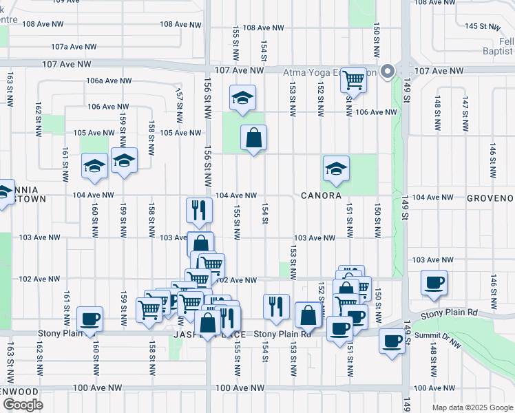 map of restaurants, bars, coffee shops, grocery stores, and more near 10316 154 Street in Edmonton