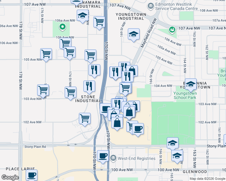 map of restaurants, bars, coffee shops, grocery stores, and more near 10333 170 Street Northwest in Edmonton
