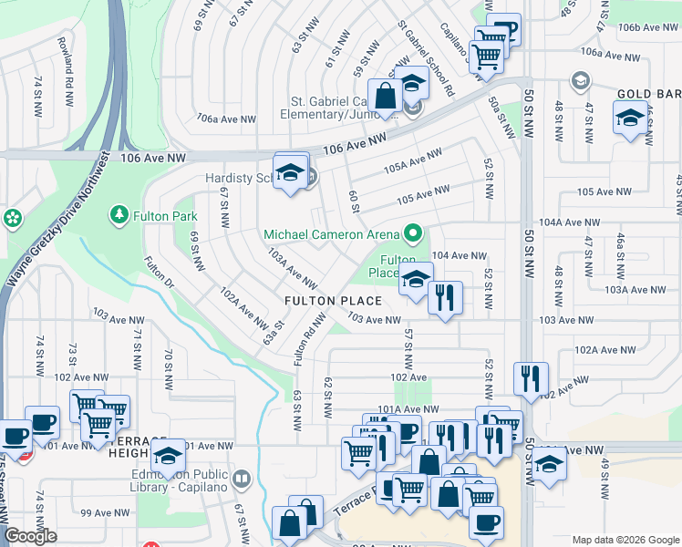 map of restaurants, bars, coffee shops, grocery stores, and more near in Edmonton