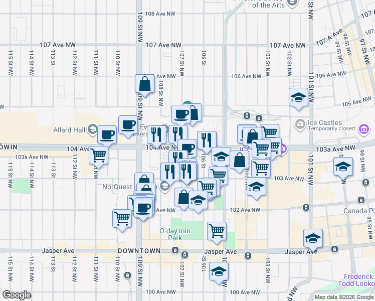 map of restaurants, bars, coffee shops, grocery stores, and more near 10328 107 Street Northwest in Edmonton