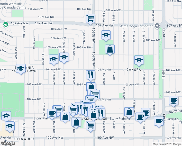 map of restaurants, bars, coffee shops, grocery stores, and more near 10340 156 Street Northwest in Edmonton